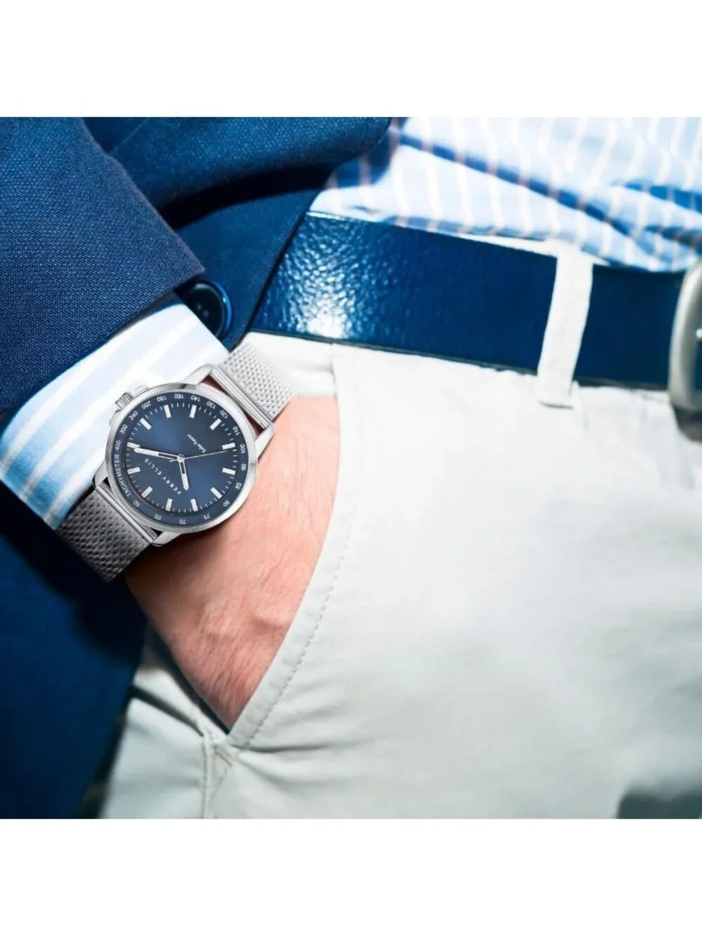 Mens Silver Blue Steel Mesh Band Aluminum Tachymeter Bezel Water-Resistant Watch